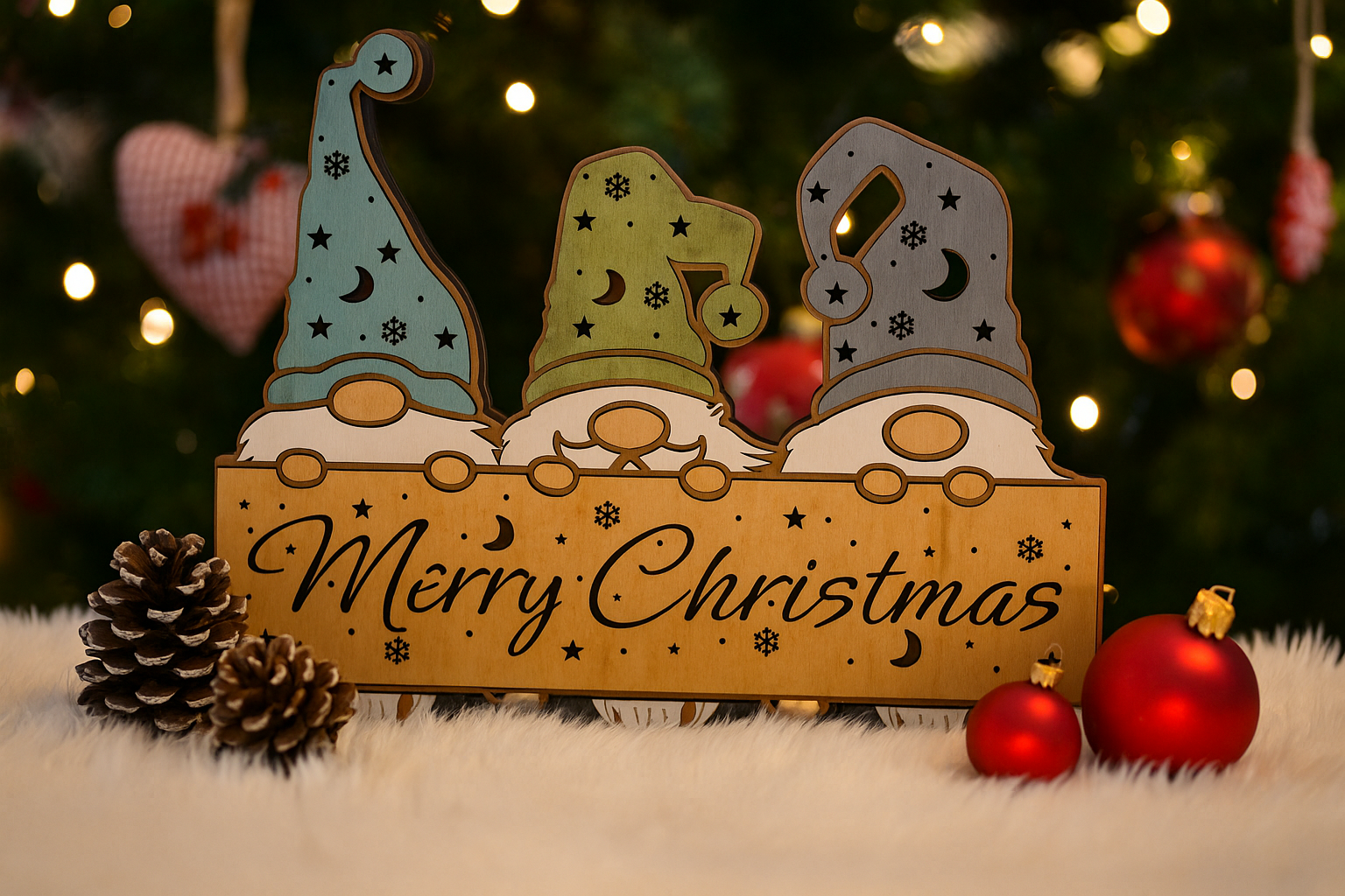 Weihnachtsdeko aus Holz – Merry Christmas mit drei Wichteln