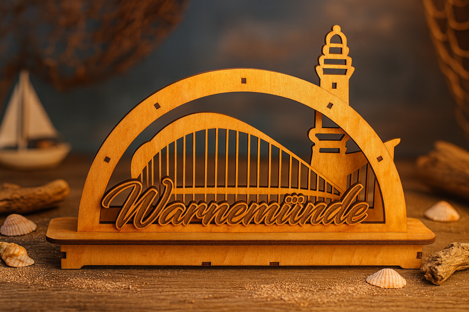 Lichterbogen Warnemünde – Maritimes Dekoobjekt mit Leuchtturm & Brückenmotiv