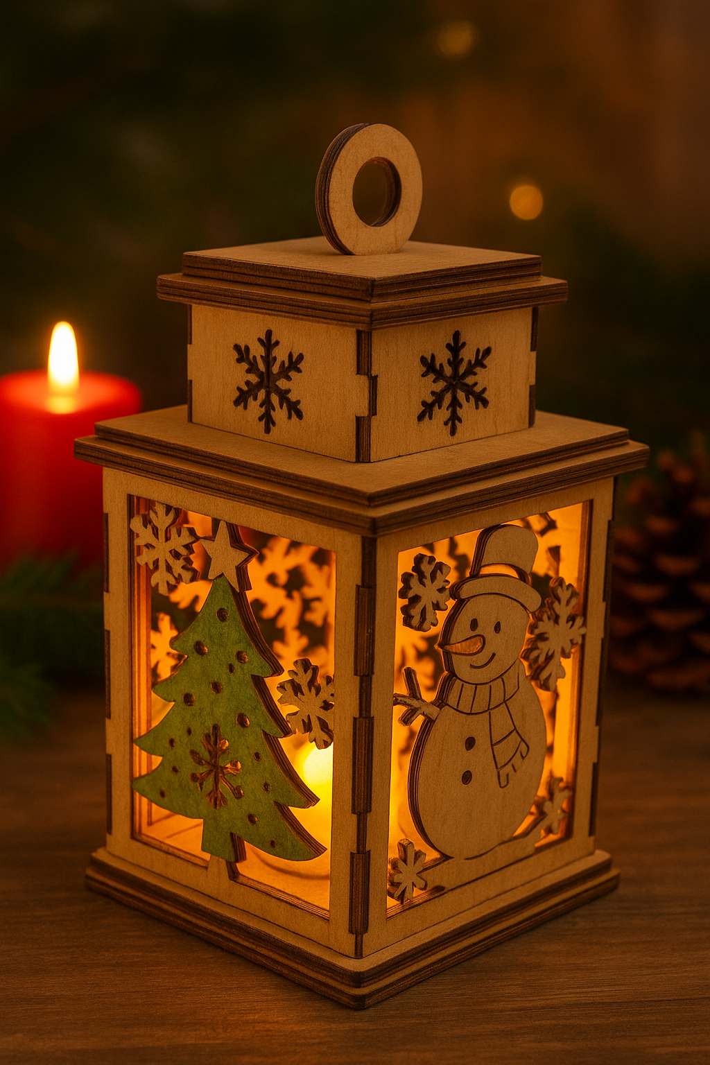 Holz-Laterne mit Weihnachtsmotiv – stimmungsvolle Dekoration für die Adventszeit