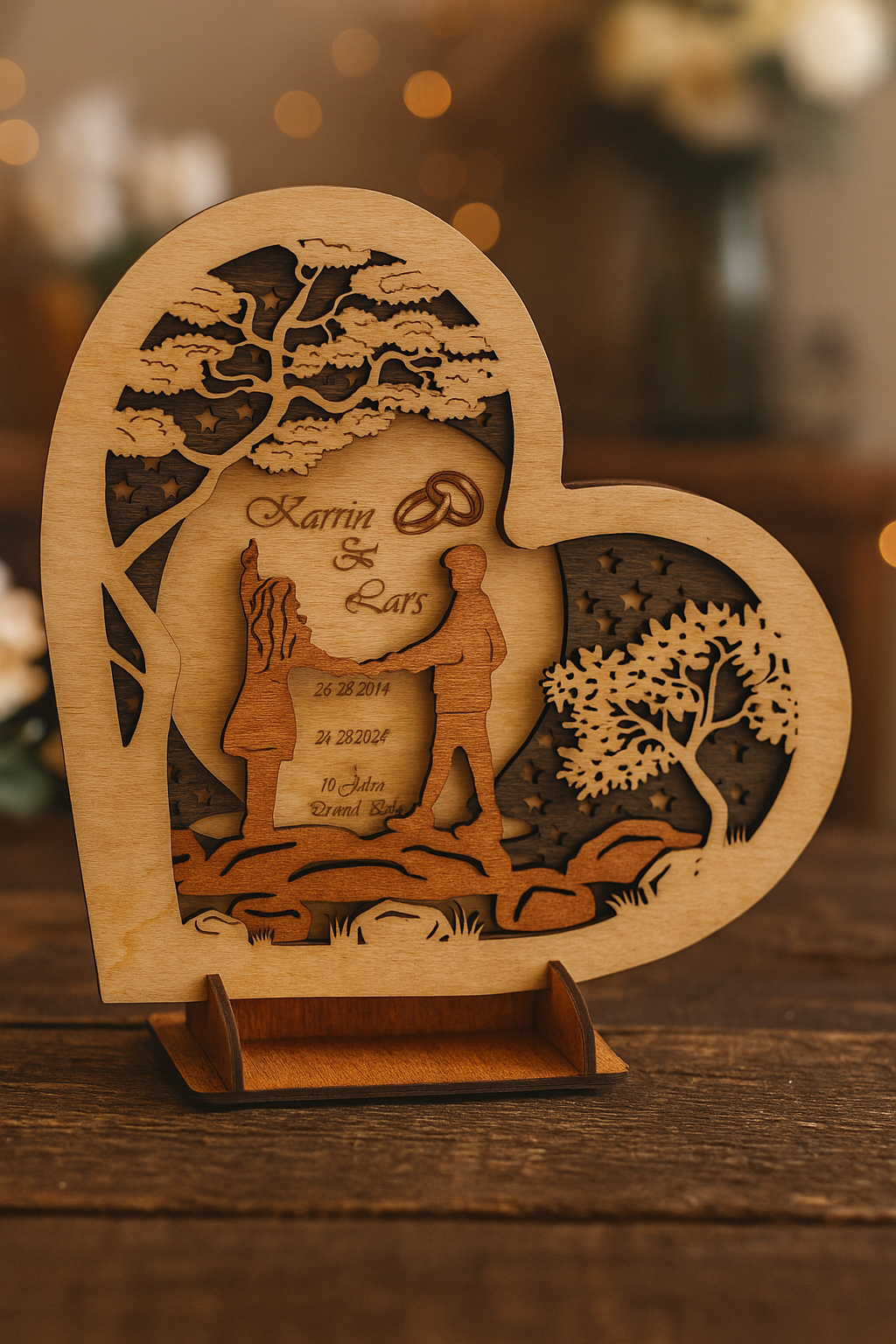 Personalisiertes Liebesgeschenk aus Holz – Herz mit Paar-Silhouette