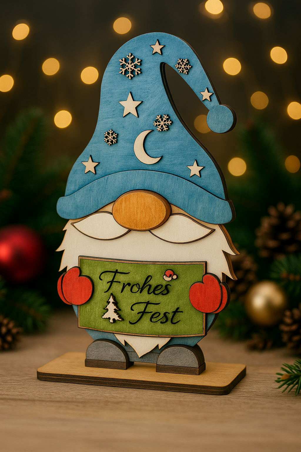 Handgefertigter Holz-Wichtel „Frohes Fest“ – Weihnachtsdekoration mit liebevollen Details