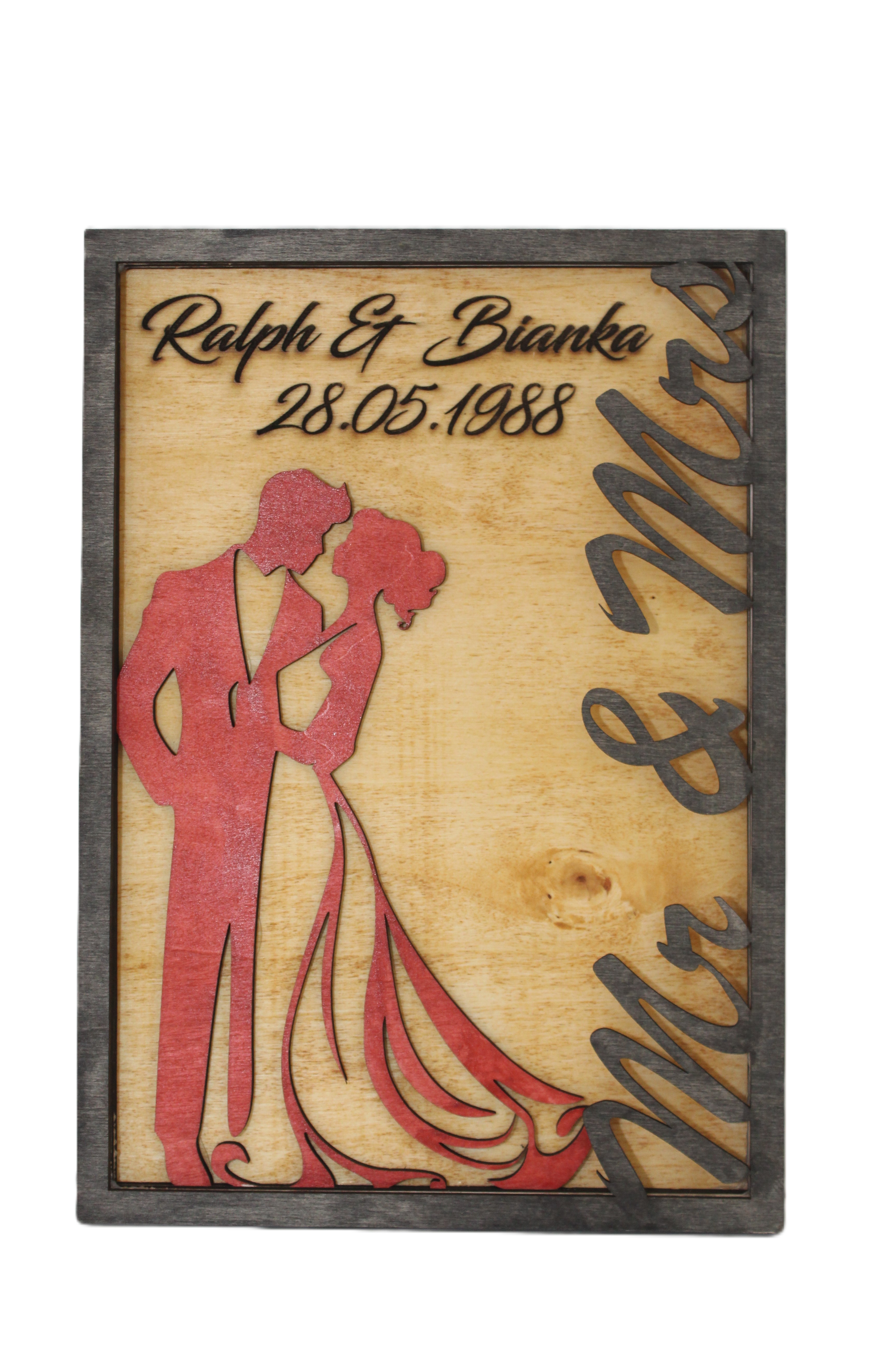 Personalisierte Holztafel "Mr. & Mrs." mit Namen und Datum