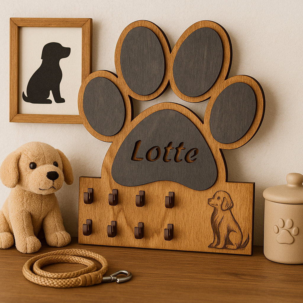 Personalisierte Hundeleinen- & Schlüsselhalter aus Holz – Pfotenmotiv mit Namen