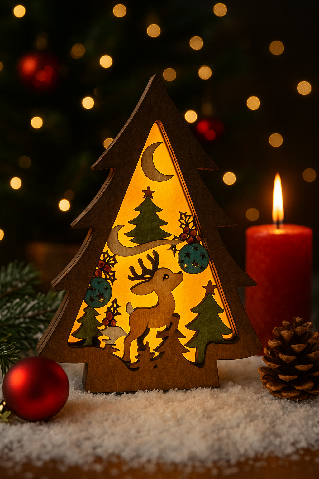 Leuchtender Holz-Weihnachtsbaum mit Rentiermotiv – festliche Deko aus Naturholz (LED-Beleuchtung)