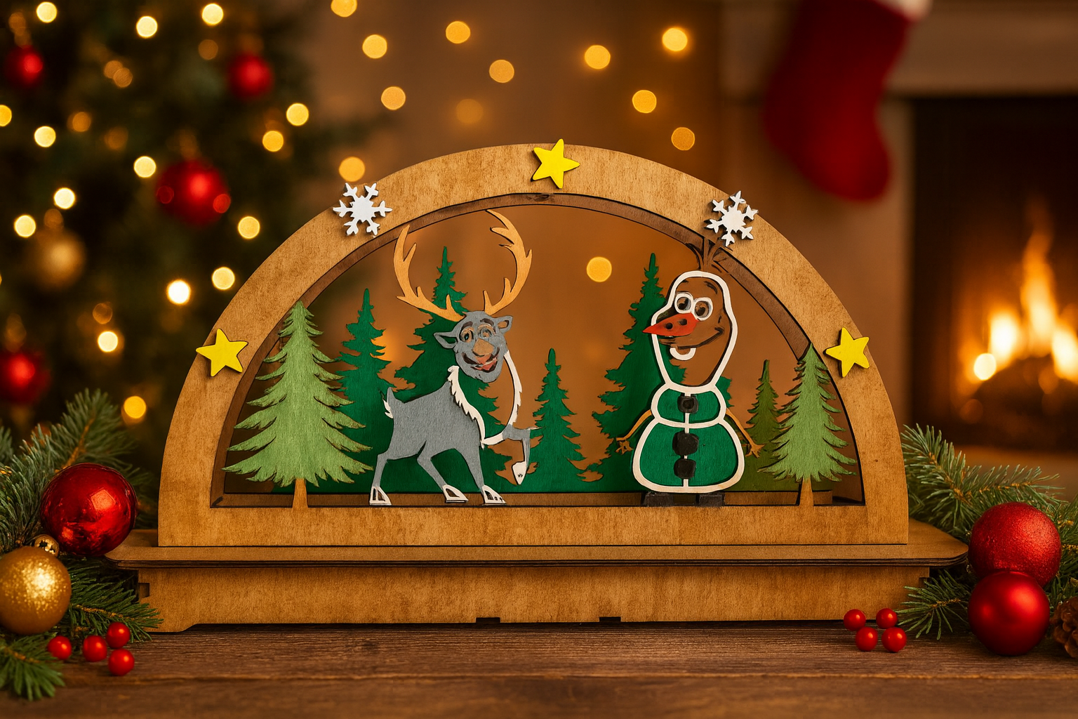 Weihnachtlicher LED-Schwibbogen aus Holz – Elch & Schneemann